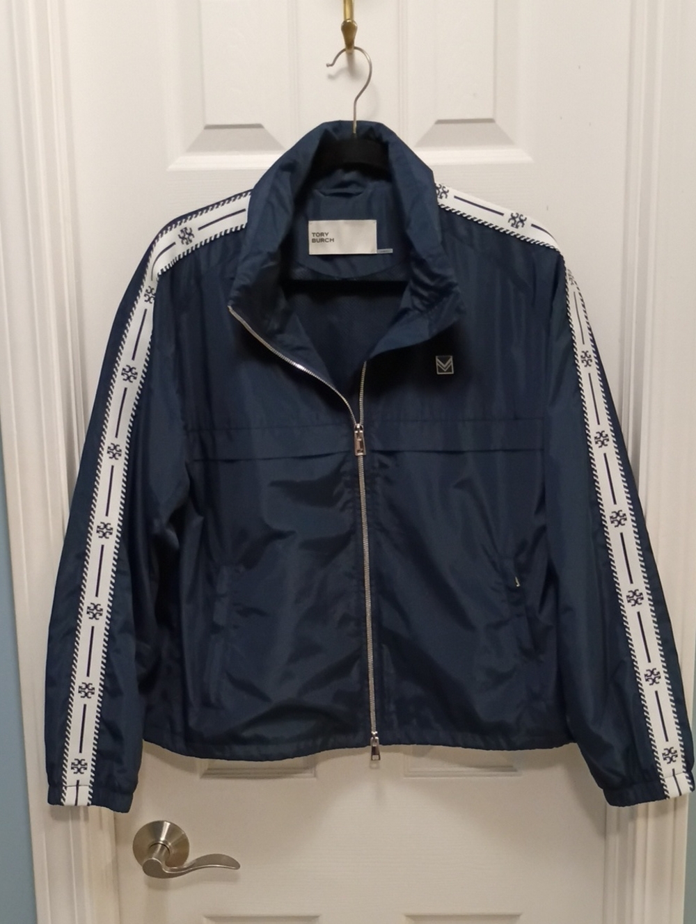 Tory Burch Navy Zip-Front NylonWindbreaker Jacket with White Logo Sleeve Stripes